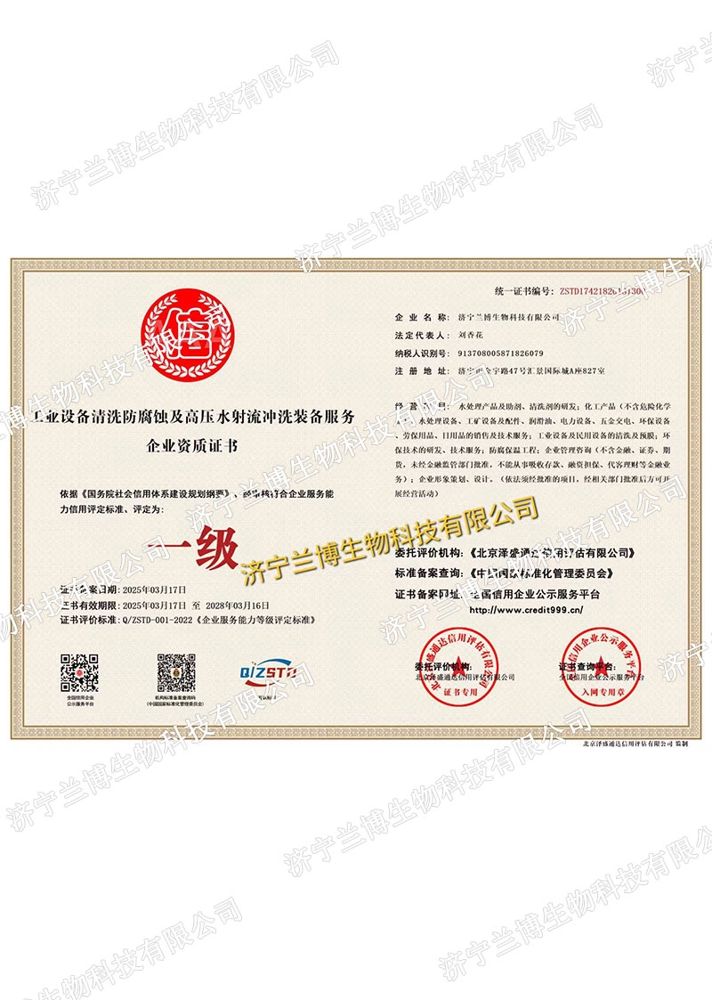 工业设备清洗防腐蚀及高压水射流冲洗装备服务一级