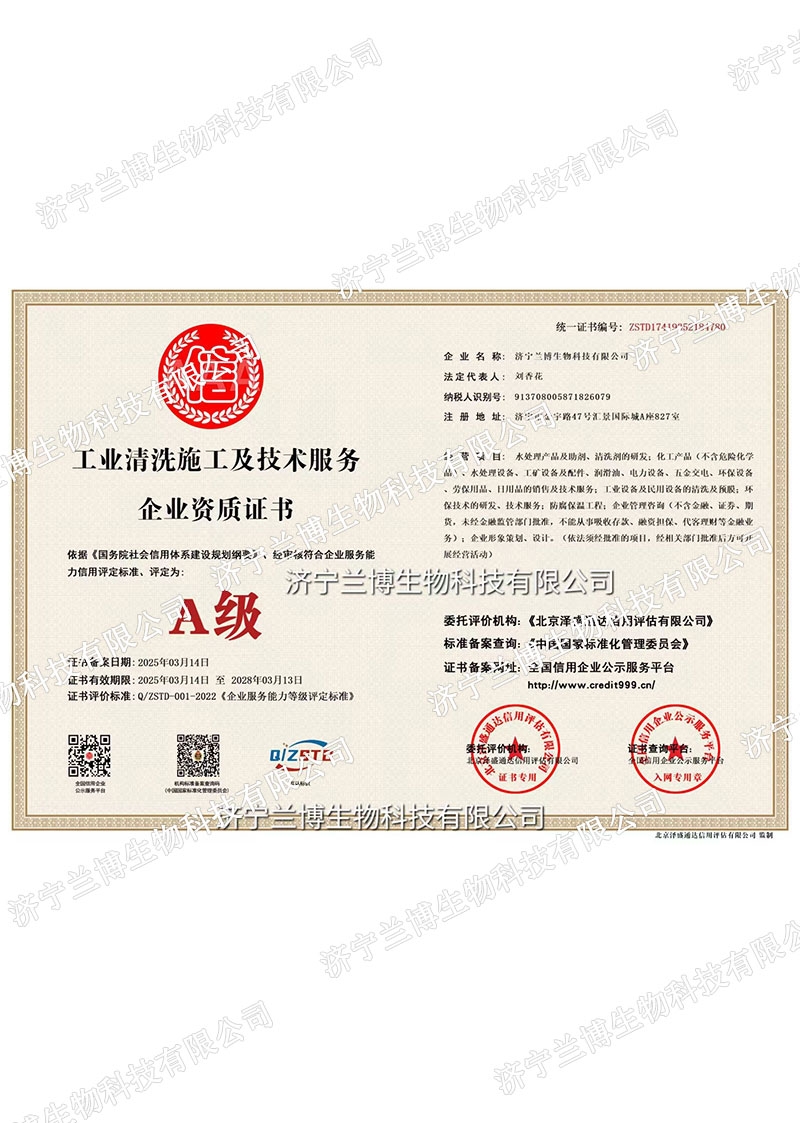 工业清洗施工及技术服务 企业资质证书A级